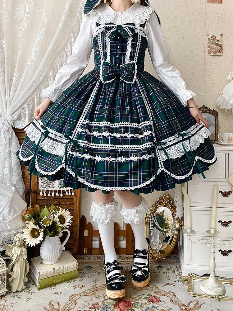 Accents Skirt Jumper Trim Plaid Bow Scalloped Sweet Edge Green with Lolita