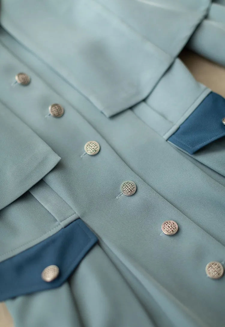 Uniform Blau Abnehmbares Elegantes Cape Beauxbatons Dusty Front Kleid mit Knopfleiste inspiriertem Knopf Vintage