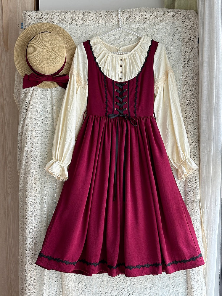 Red & Beige Round Neck Long-sleeved Elegant Classic Lolita Dress with Lace-Up Front