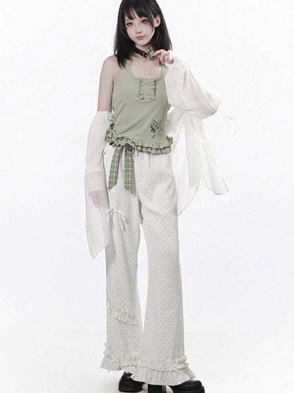 Ruffled Polka Dot Straight-Leg Pants with Plaid Belt - PINK SAVIOR