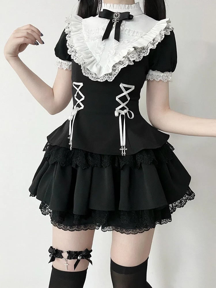 ショートフリルブラックスリーブホワイトネックラインゴシッククロスレースアップチャームドレスロリータ