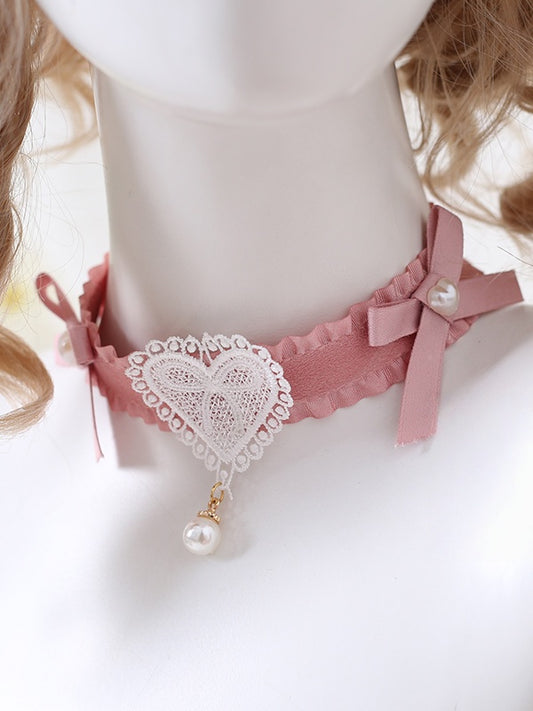And Bead Cute Pink Lolita With Choker White Heart Lace Bowknot Charm