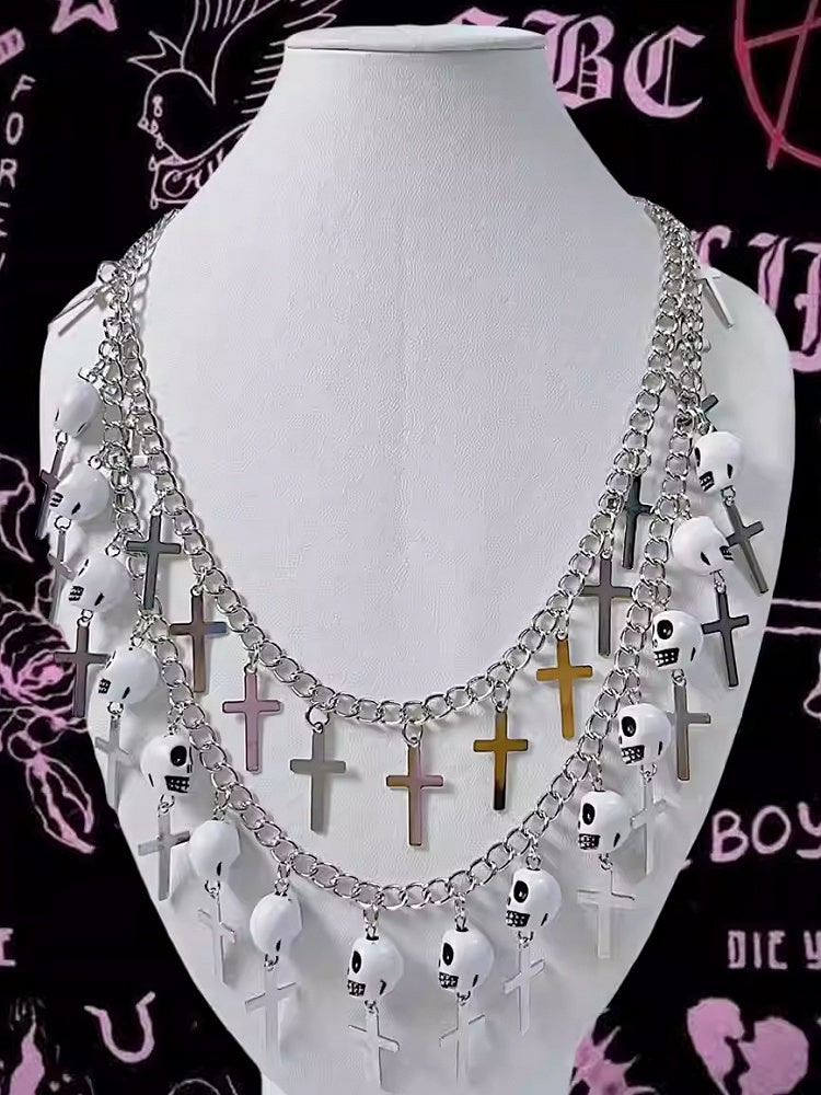 Anhänger Halskette Punk Skelett Kreuz Silber Und