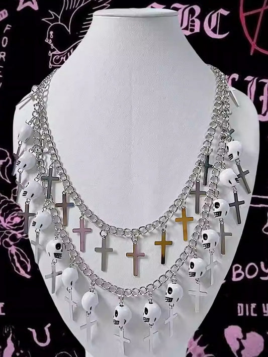 Anhänger Halskette Punk Skelett Kreuz Silber Und