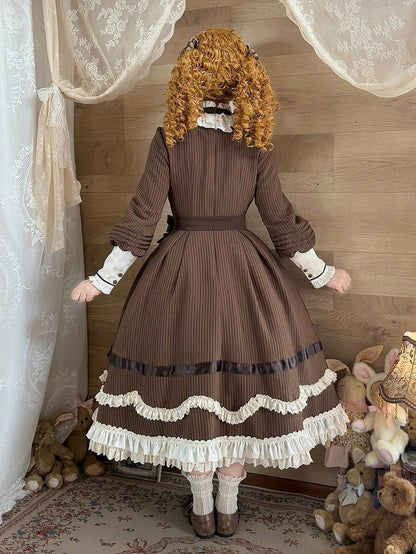 Brown Ruffle Neckline Lolita Dress with Waist Belt - MUYU