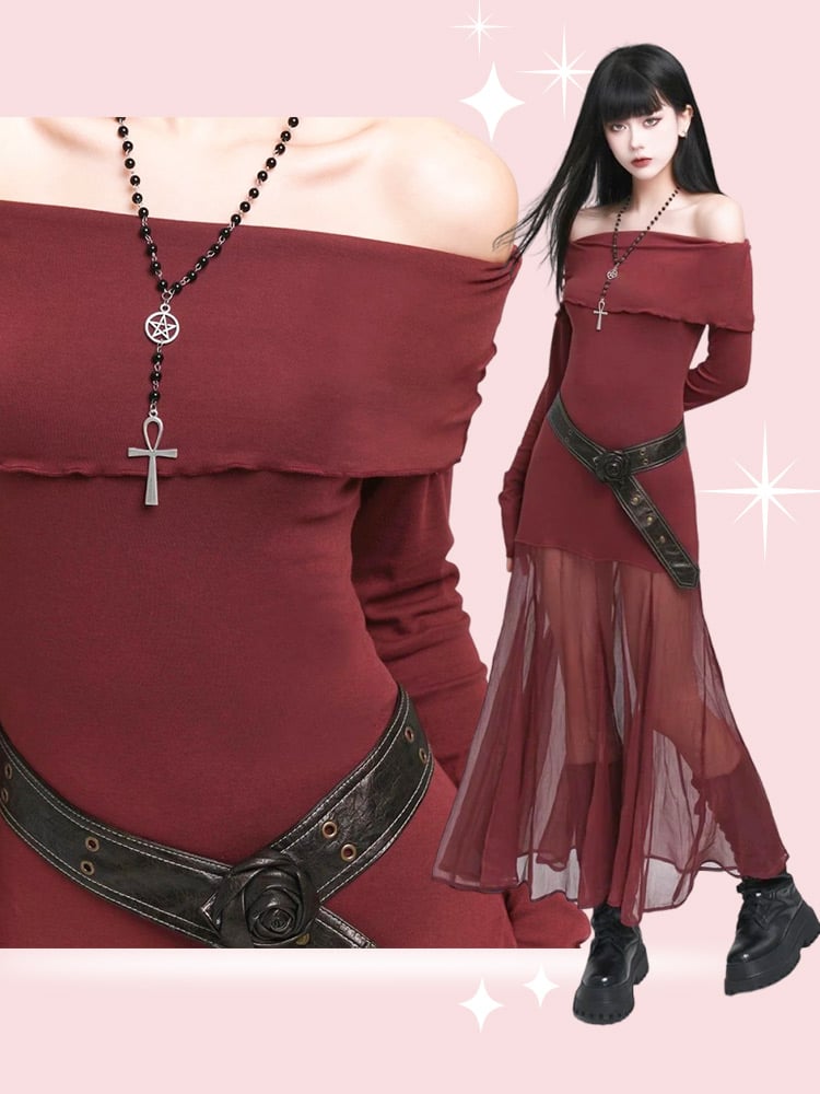 Wine Red Semi-sheer Off-the-shoulder Neckline Glamorous Dress