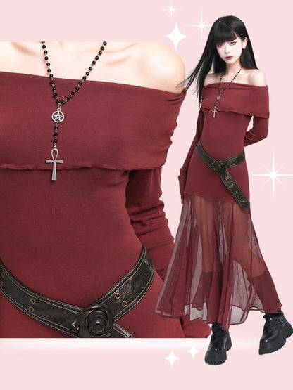 Wine Red Semi-sheer Off-the-shoulder Neckline Glamorous Dress