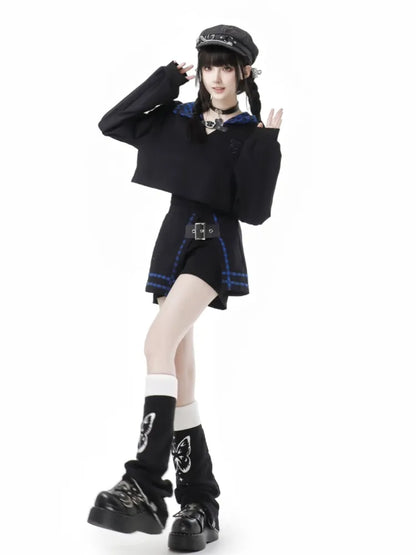 Skort Black Dark with and Buckle PU Plaid Blue