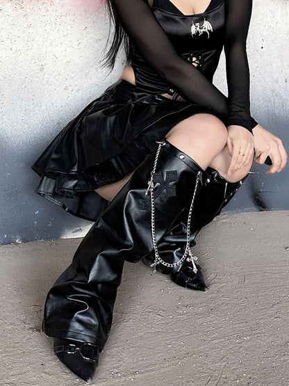 with Gothic Punk Black Cross Applique PU Studded Glamorous Chain Leg Warmers