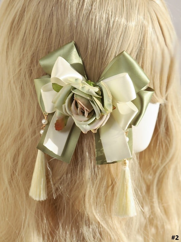 Bead Options with Bow Hairclip Lolita Green 2 Flower Chain