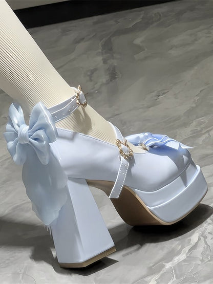 in Toe Lolita Sweet with Bow Platform Round - Detail PU Mary Blue Janes Sky