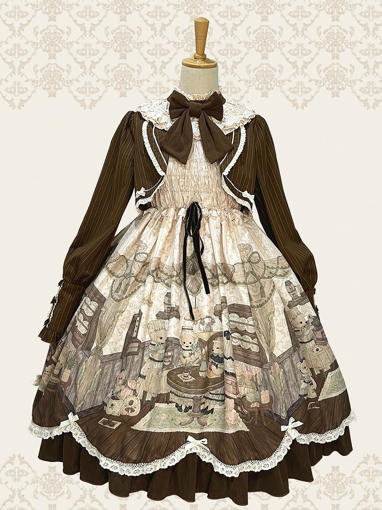 Fake Pieces Design Kaffee Cremig Lolita Haus Print Kleid Ärmel Lange Teddy Zwei
