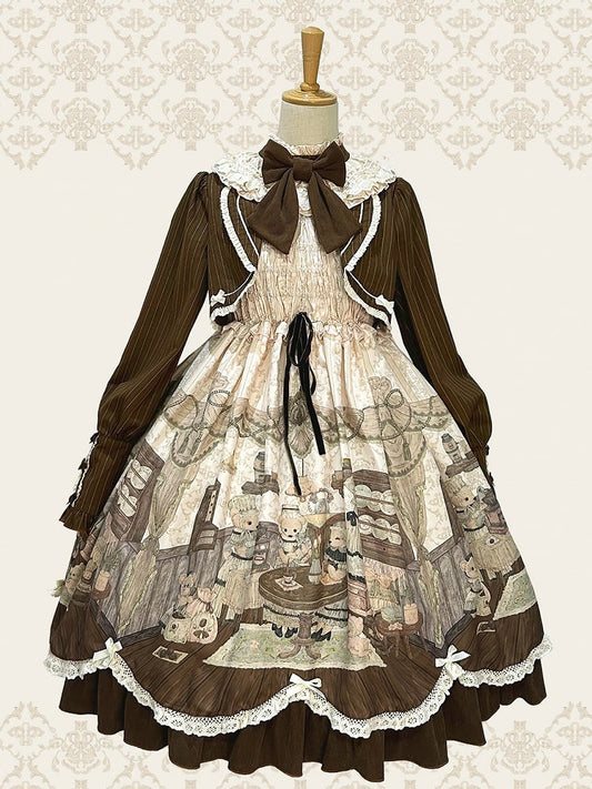 Fake Pieces Design Kaffee Cremig Lolita Haus Print Kleid Ärmel Lange Teddy Zwei