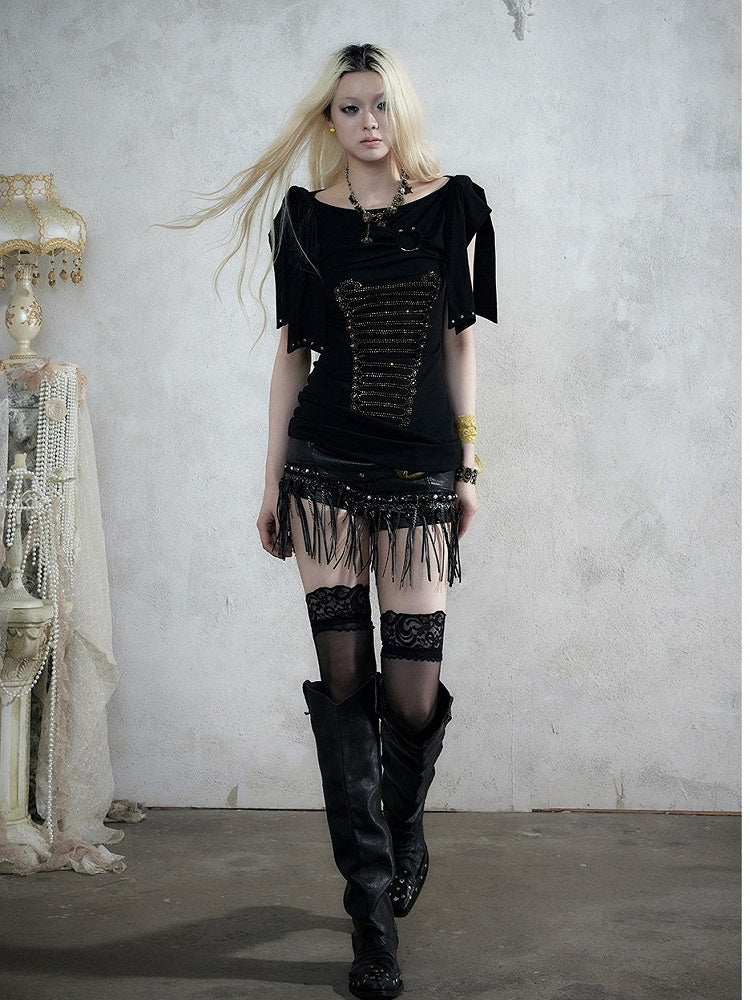 Black Knit Short-Sleeve Top with Rhinestone Design - NO ROMANCE