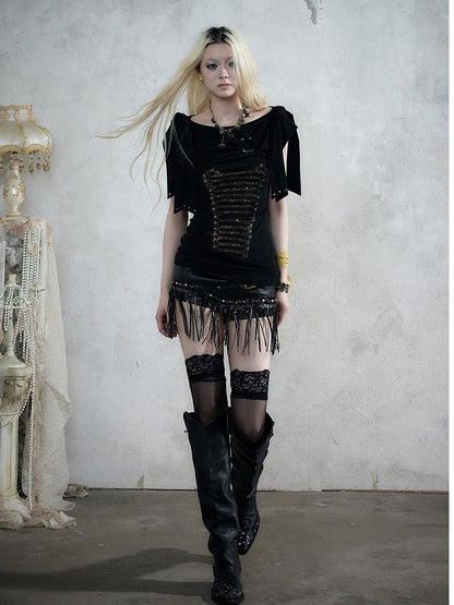 Black Knit Short-Sleeve Top with Rhinestone Design - NO ROMANCE