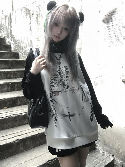 Black and White Colorblock Graphic Sweatshirt