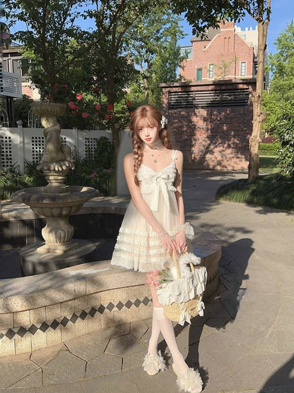 Lace With Bowknot Slip White Ruffles Dress Tiered Above Knee