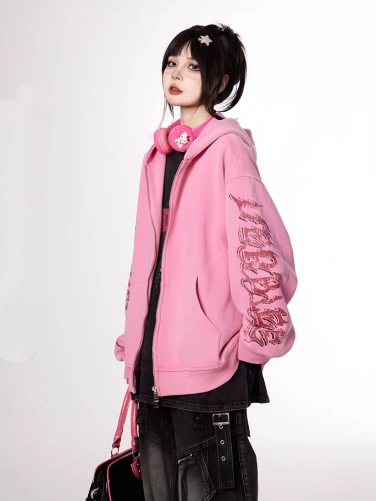Rosa Brief Drucken Ärmel Zip-up Hoodie Herbst für