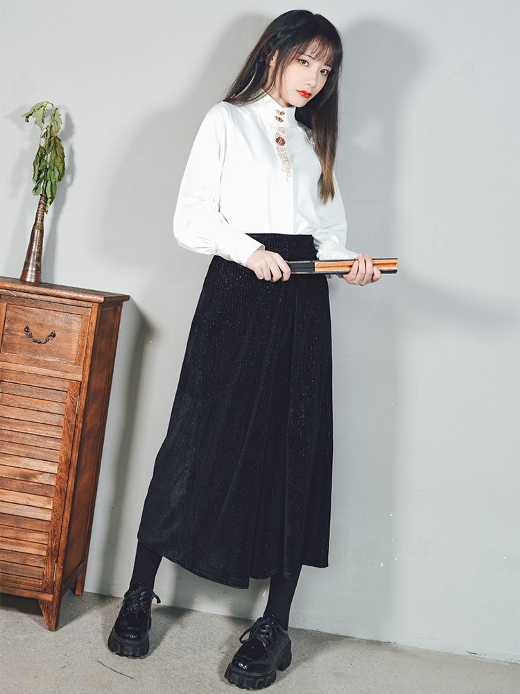 Shirt Gothic Cheongsam with Embroidery Metal Clasp White Floral