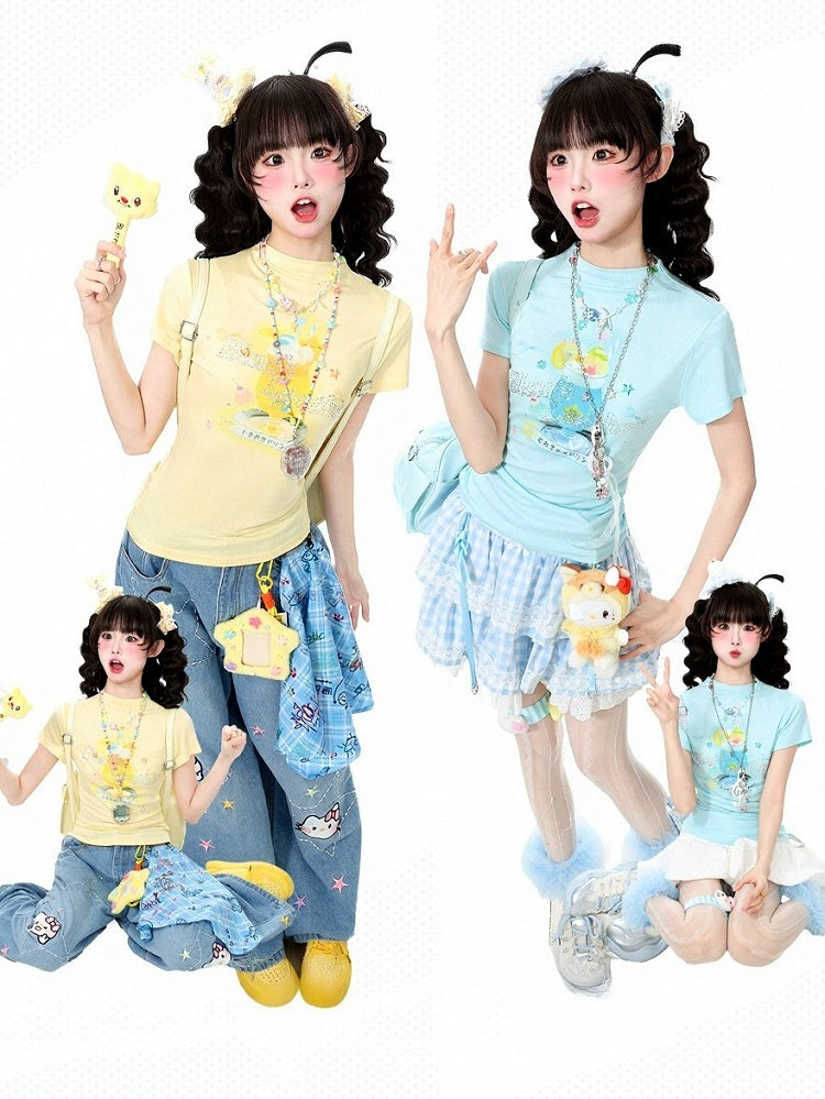 Cobalt Icy Beverage Print Tee with Sparkling Rhinestones - Languid Park