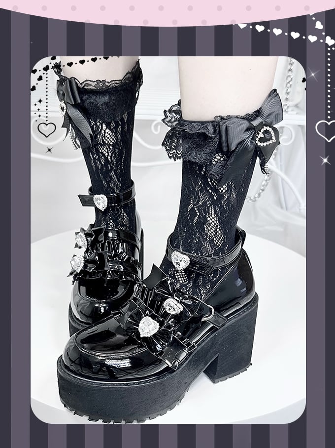 Platform Shoes with Bowknot and Heart Rhinestone Black Polished Decoration Style Landmine