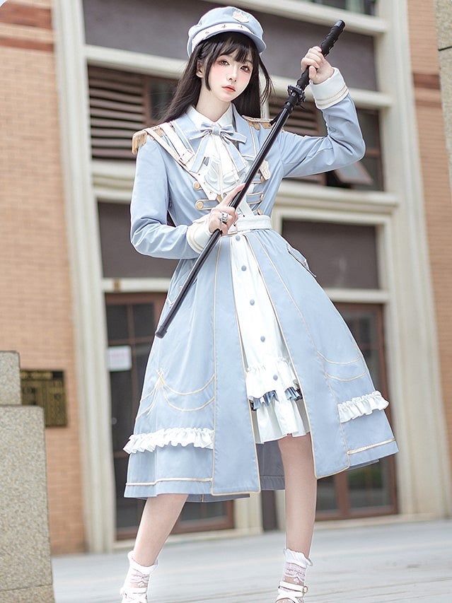 Military with Hem Buttons Blue and Ruffled Dress White Lolita Gold-tone