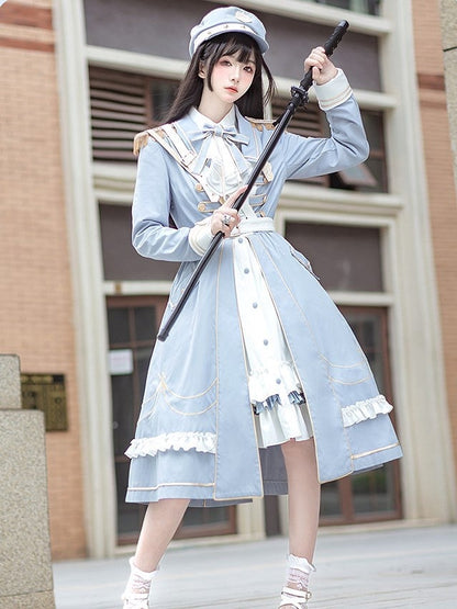 Military with Hem Buttons Blue and Ruffled Dress White Lolita Gold-tone