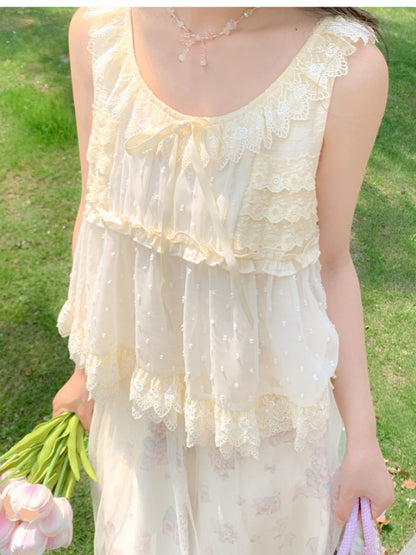 セルフタイタンクトップ リボンレーストリム エレガント ベージュ テ​​ィアード