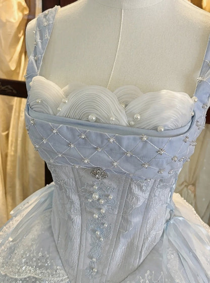 Blue Corset Waist Pearl Sequins JSK Dress Scalloped Hem - Iris fleur