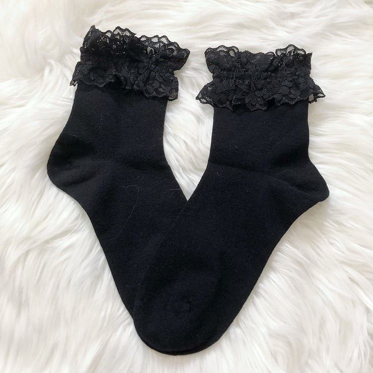 4 Chaussettes Lolita en Coton à Bordure Dentelle de Couleurs Variées