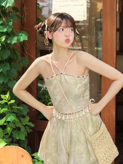 フリンジヘムホリデートップ ライトグリーン ホルターネック フローラルプリント