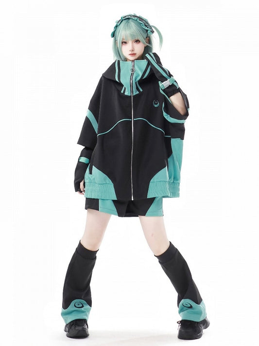 Jirai Hoodie Design Sweatshirt Zip Colorblock BlackGreen Kei