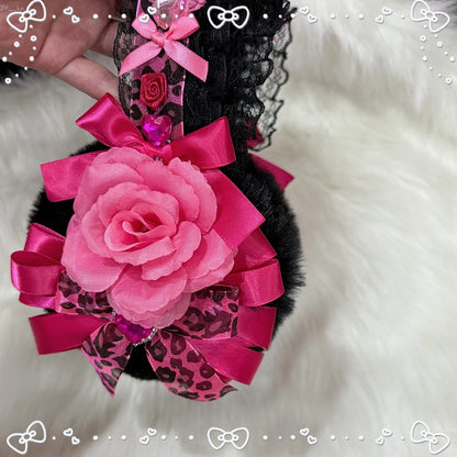 Leopard Print Gyaru Fashion with Floral Hime Pink Earmuffs