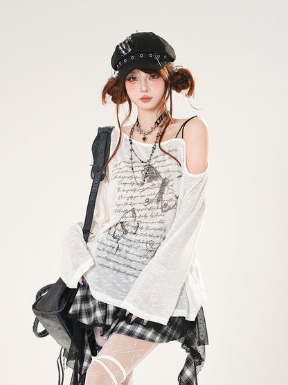 Butterfly Print Asymmetrical Neckline Khaki/White Coverup Semi-sheer