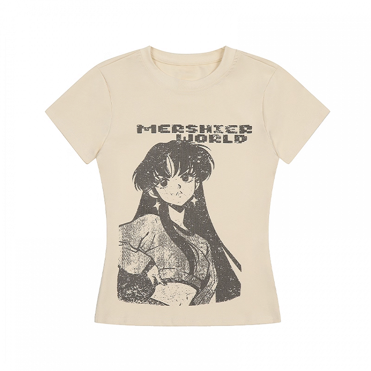 Vintage Anime Girl Print Apricot Round Neck Slim-fitting T-shirt