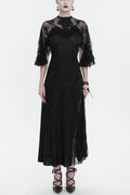 Black Stretch Printed Knit Panel Lace High Slit Asymmetric Gothic Dress