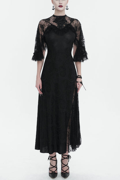 Black Stretch Printed Knit Panel Lace High Slit Asymmetric Gothic Dress