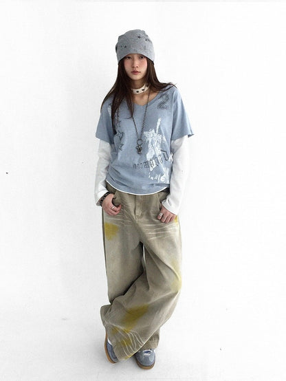 Washed Faded Light Yellow Wide-Leg Jeans with Graffiti Details