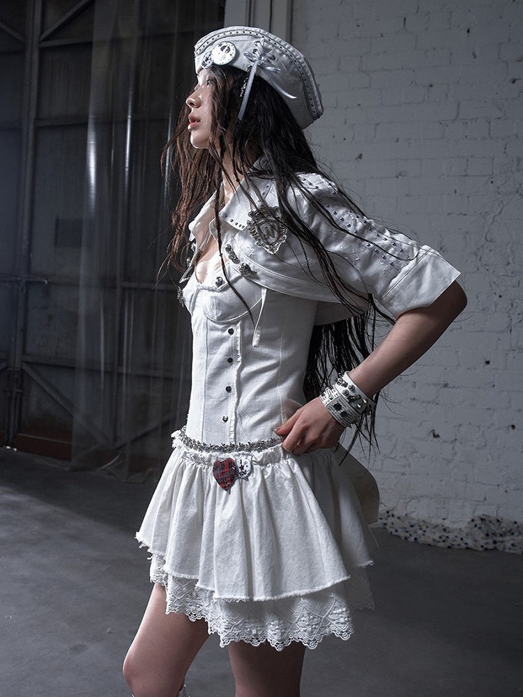 Metal White and Buttons Studs with Open Placket Navycore Top Pointed Flat Collar 