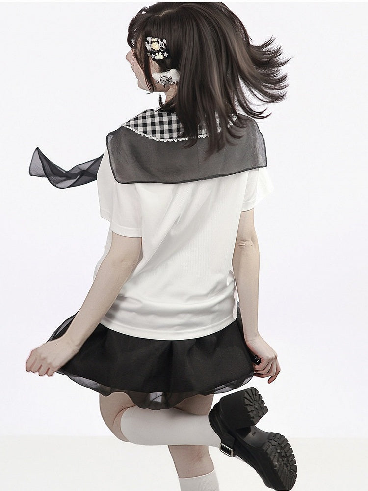 White Gingham Peter Pan Collar Tee with Cartoon Print - PINK SAVIOR