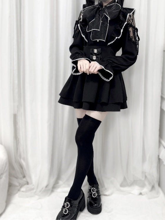 Jirai Kei Black/White/Dusty Cutout Shoulder Blouse Bow Neckline Big Pink