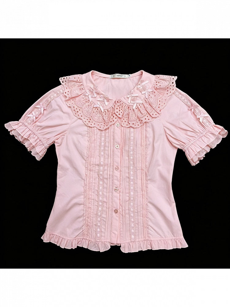 Pink Sweet Lolita Short Sleeve Cotton Blouse Bow Summer