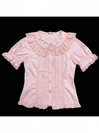Pink Sweet Lolita Short Sleeve Cotton Blouse Bow Summer