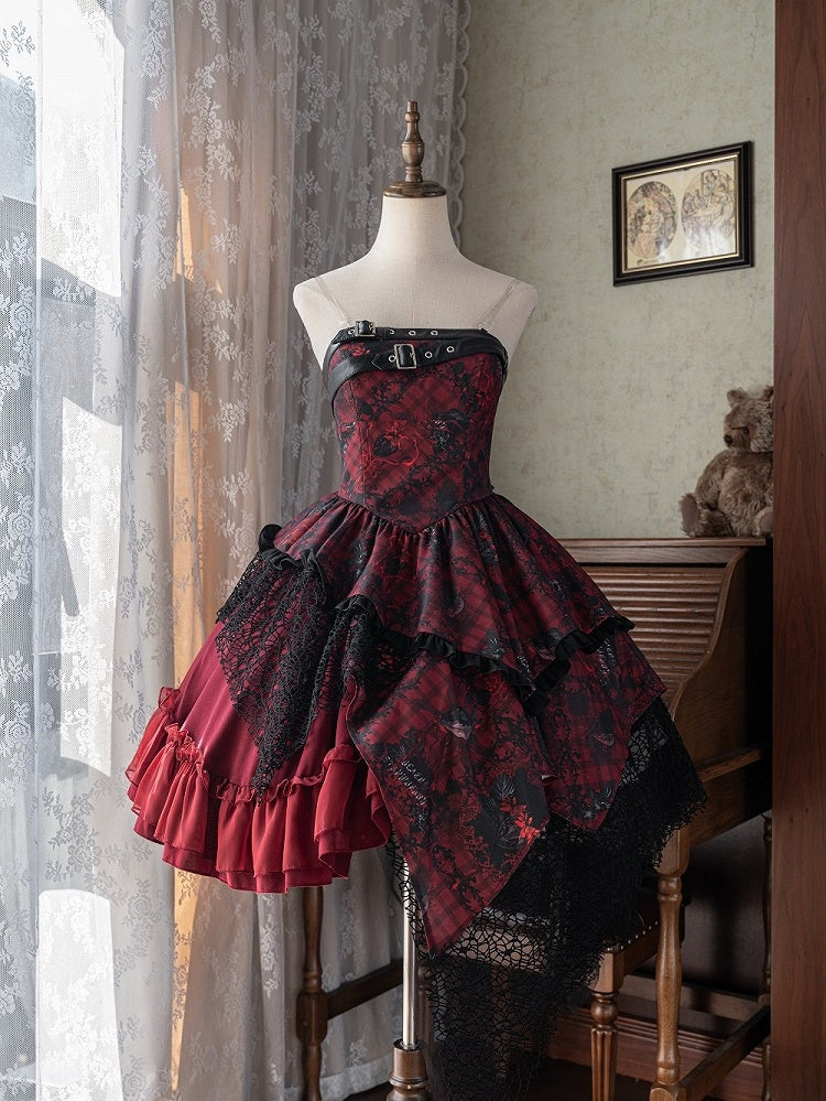 Plaid Hem Strawberry Lolita Jumper Gothic Skirt and Asymmetrical ansd Black Red Pattern