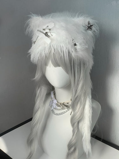 Black Pinsand Zippers Accents Cat Ear Plush Hat