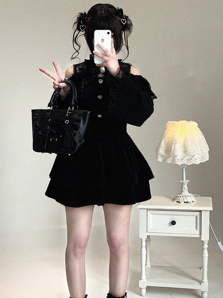 Cutout Lace Shoulder Jirai Heart 3 Colors Rhinestone Blouse Kei Button