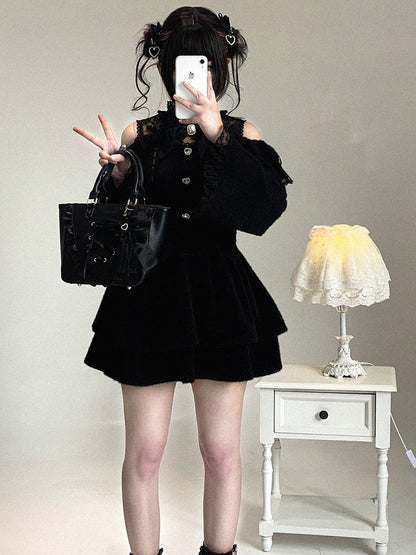 Cutout Lace Shoulder Jirai Heart 3 Colors Rhinestone Blouse Kei Button