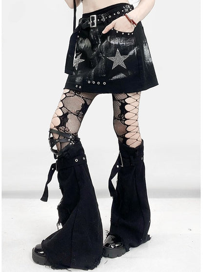 Star Cross Applique Skirt With Glamorous Black Y2K Rhinestone Leg Warmers