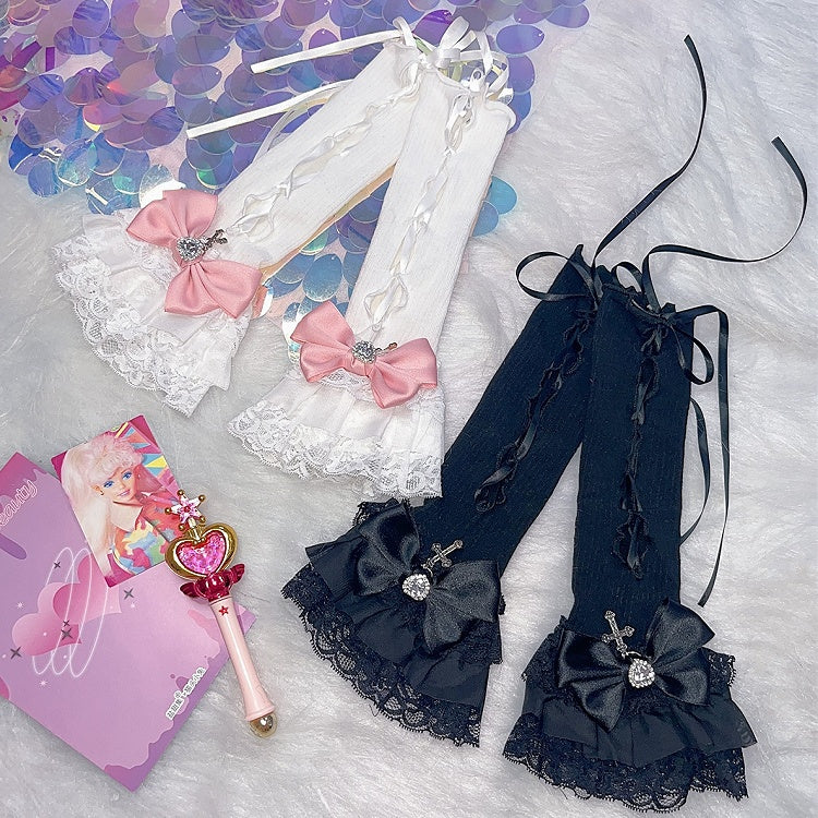 Kei Y2K Details Cross Black/White Lace-up Charm Jirai Sleeves