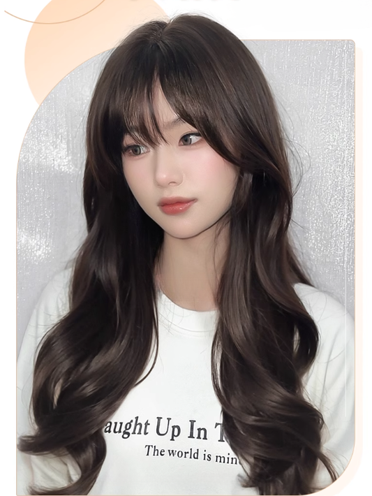 長さ65cmのウィッグ付き、ブラウンのウェーブ前髪